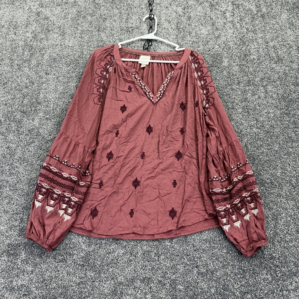 Knox Rose Blouse Womens XL Pink Embroidered Long Sleeve Tunic Boho Casual Top